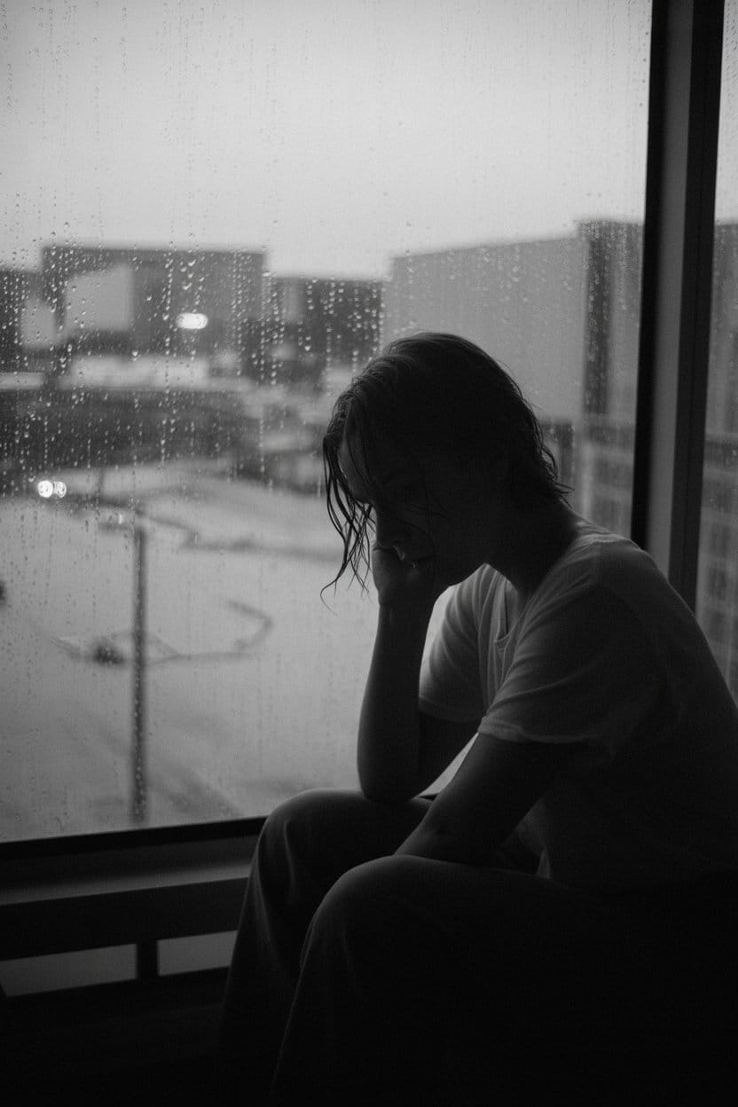 Person sitting by rain-streaked window, contemplative mood, black and white film photography