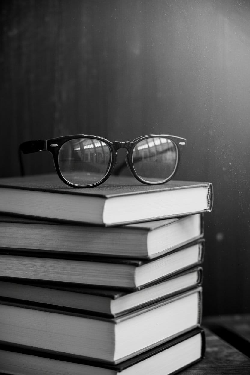 Stacked vintage hardcover books with reading glasses, dramatic black and white photography
