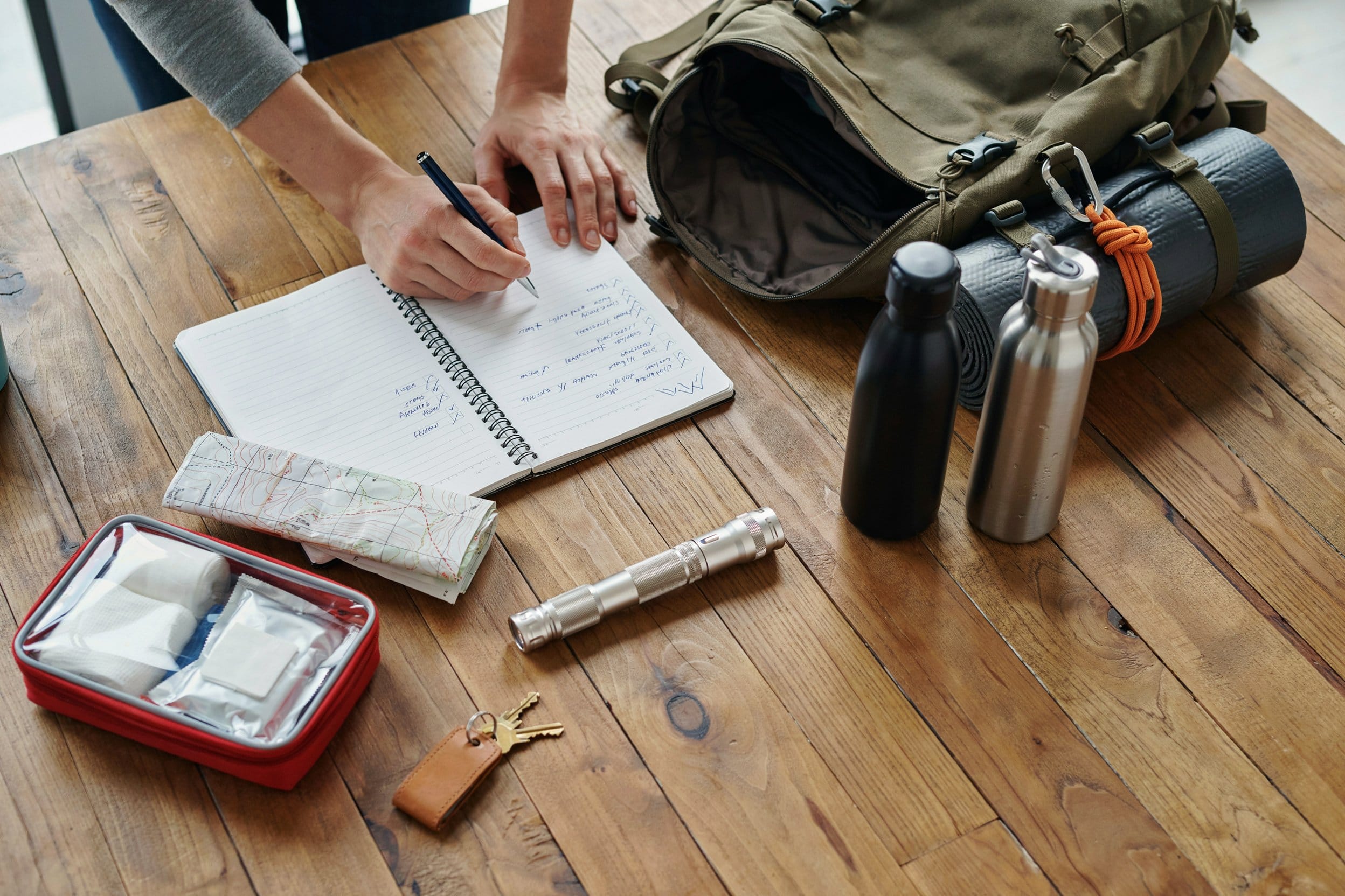 Checklist and emergency bag essentials laid out for review