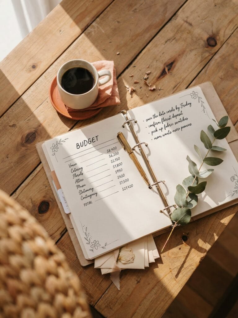 Cozy overhead shot of a wedding budget planning binder, eucalyptus sprig, and coffee on a rustic table