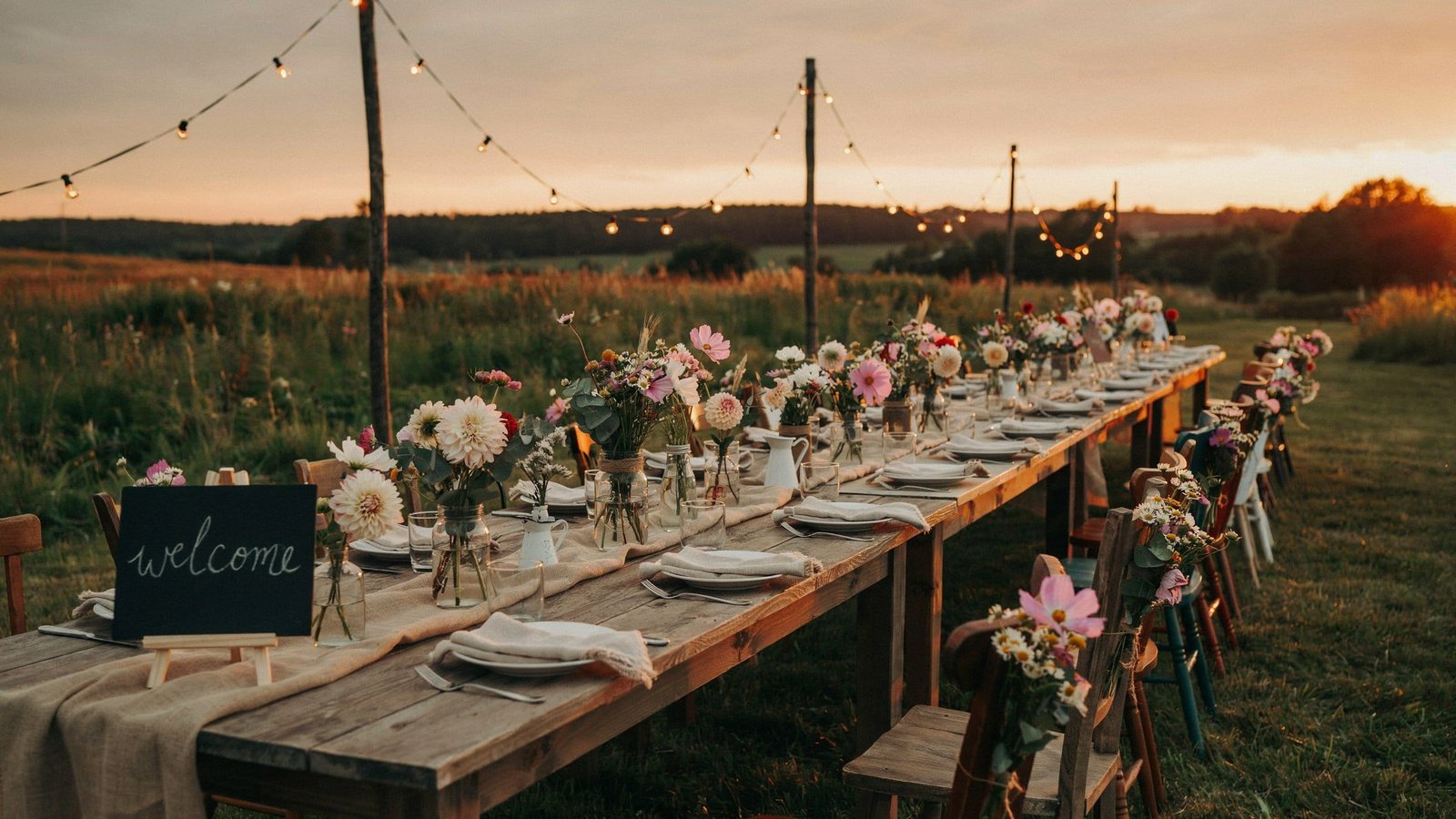 Rustic outdoor wedding reception at golden hour with string lights and wildflower centerpieces, budget-friendly wedding